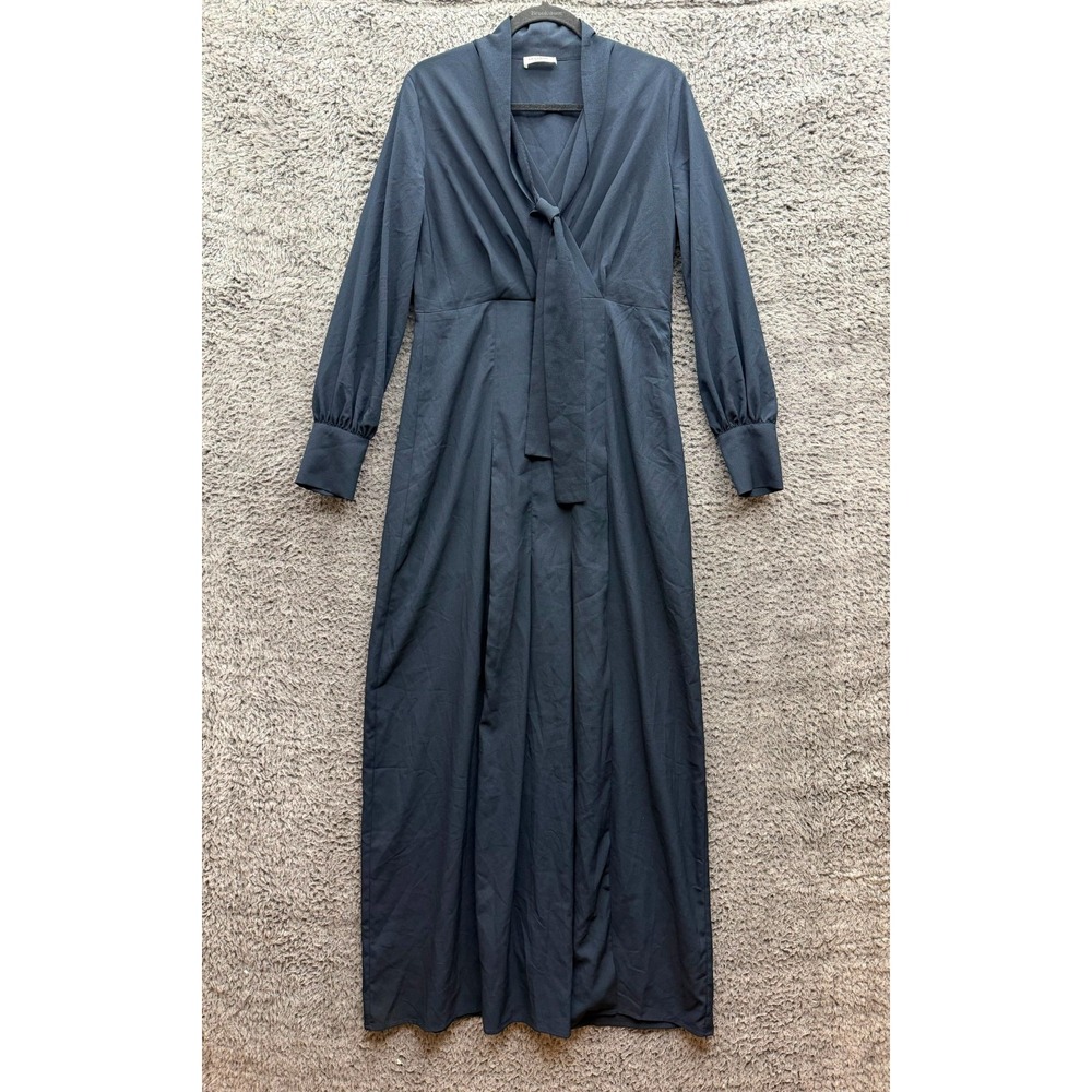 Le Coeur Twinset Pleated Long Sleeve V-Neck Maxi Dress Navy Blue Womens Size M
